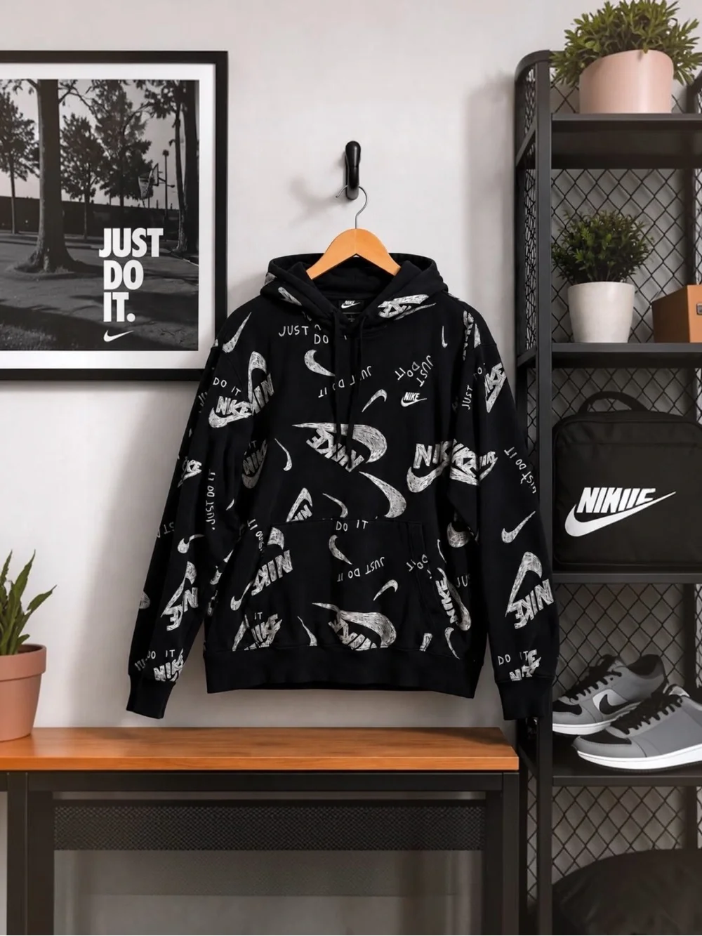 Nike Just Do It All Over Print Hoodie Men’s XL Black White